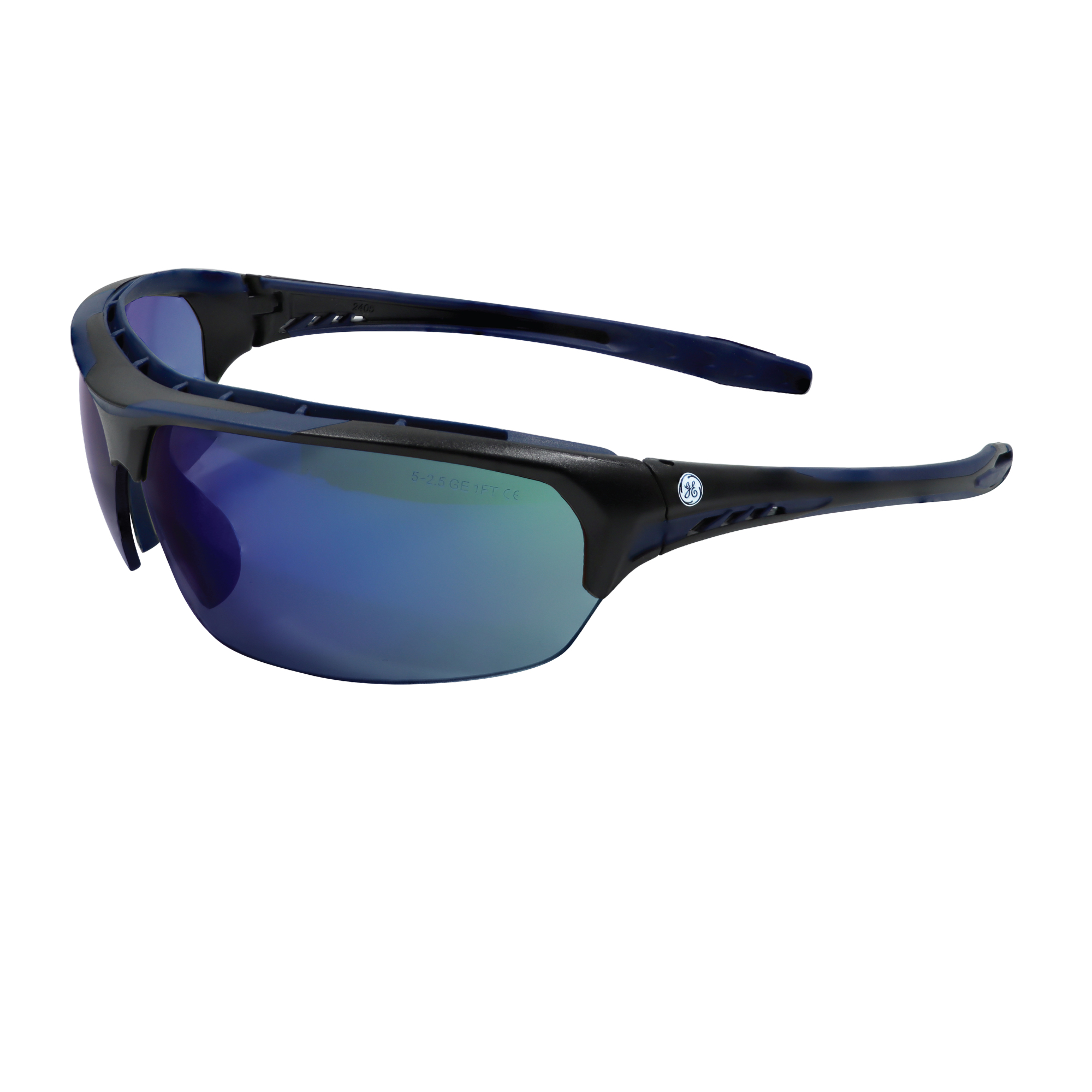 General Electric, Safety Glasses, Blue Mirror Lens, Anti FogScratch, Frame Color Black, Lens Color Blue, ANSI Z87 Compliant, Model# GE109BAF